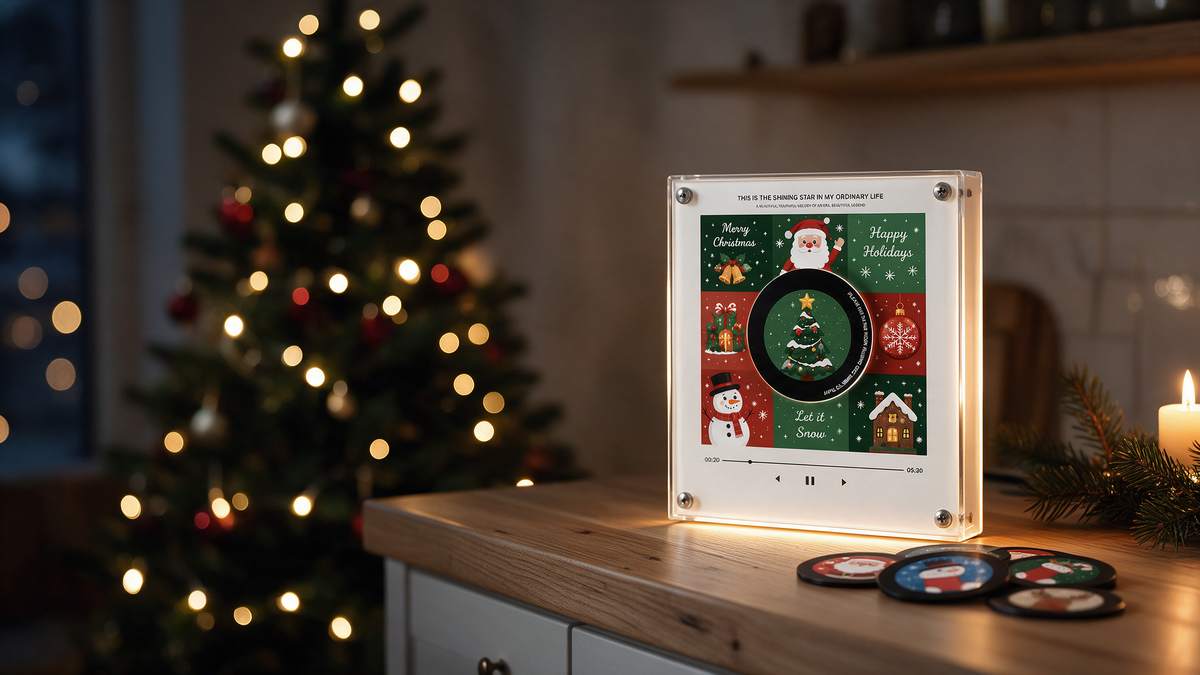 LumeTune Christmas music box glowing in a cozy home