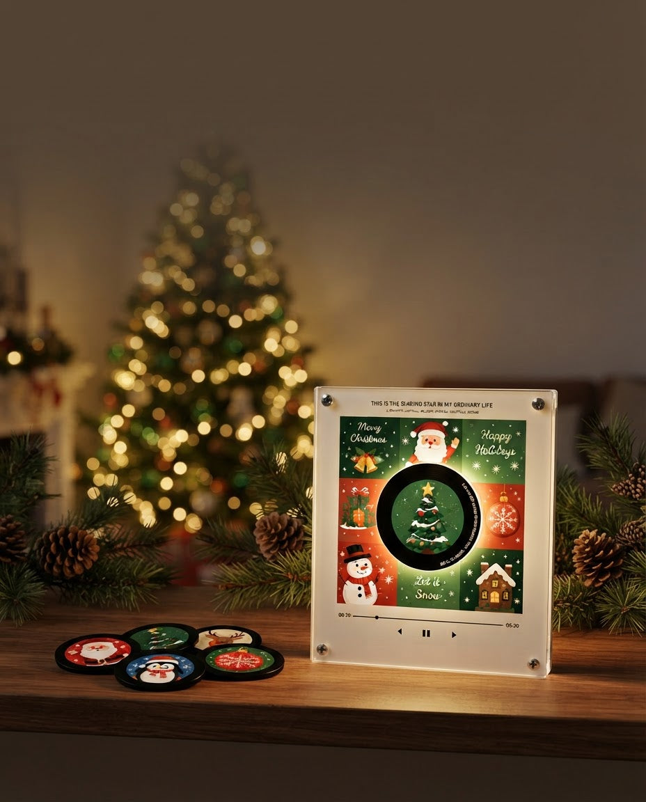 LumeTune Christmas music box glowing in a cozy home